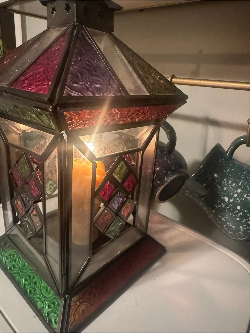 VTG Stained Glass Style Candle Lantern Multicolored Glass Metal Made In India